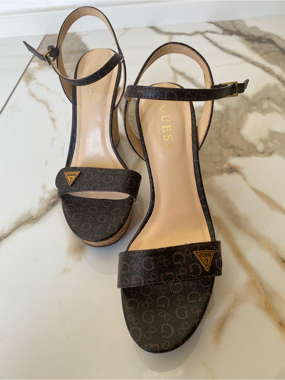 GUESS Hidy Heeled Sandal Wedge Brown Logo-Monogram Print Ankle Strap Heels (7M)